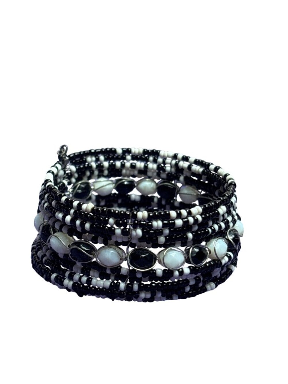 Vtg Artisan Black and White Glass Beaded Memory Wire Cuff Bracelet Seed Beads
